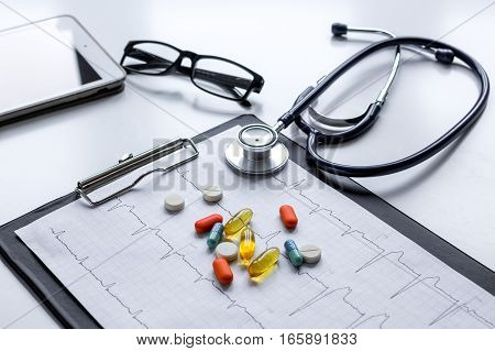 doctor desktop with test tubes in lab no one.