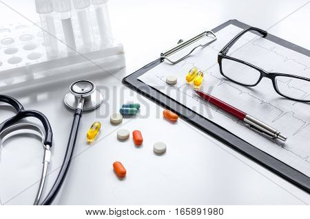 doctor desktop with test tubes in lab no one.