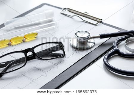 doctor desktop with test tubes in lab no one.