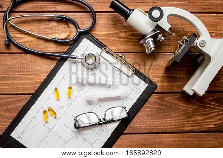 doctor workplace at wooden table with microscope in lab top view no one