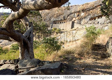 View of cave housing Girijatmak Vinayaka Temple at Lenhadri in Maharashtra India Asia