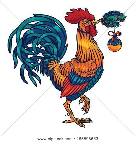 Vector color illustration of a rooster holding in its beak a fir branch. Cock symbol 2017 year