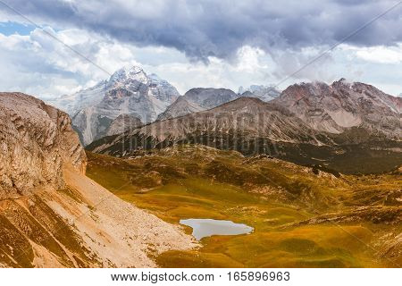 Scenic view of Italian Dolomites on sunny autumn day
