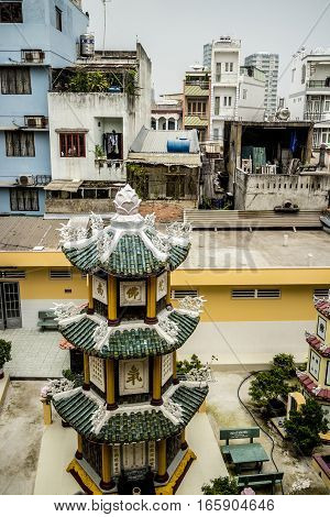 View over a street from a Buddhist temple, Ho Chi Minh City, Vietnam
