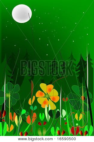 landskab med blomst og skov i månen lys
