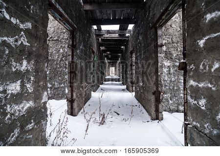 Interior of old abandoned prison in Kolyma. Place for walking