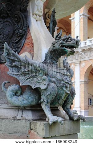 Statue of a dragon in the Fountain of Our Lady of Loreto. Marche Italy