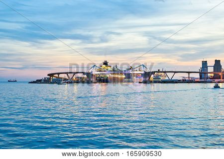 Europa Bridge at the entrance to Port Vell Barcelona, Catalunya Spain. Beautiful tranquille view sunset