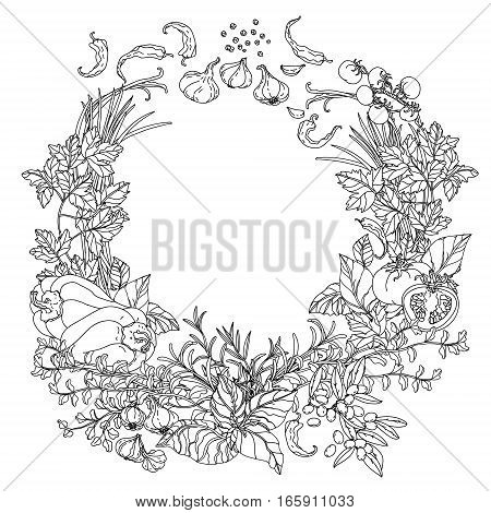 contoured wreath of vector italian cuisine elements. Hand drawn. Black and white. Italian food. Vegetables and herbs, olives and tomatoes, garlic. Detailed, contoured, zen coloring book style.