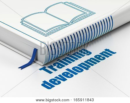 Studying concept: closed book with Blue Book icon and text Training Development on floor, white background, 3D rendering