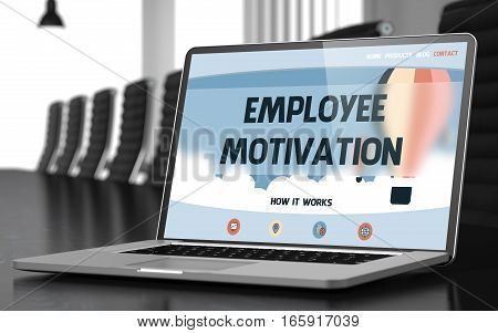 Employee Motivation Concept. Closeup Landing Page on Mobile Computer Screen on Background of Conference Hall in Modern Office. Toned. Blurred Image. 3D Render.