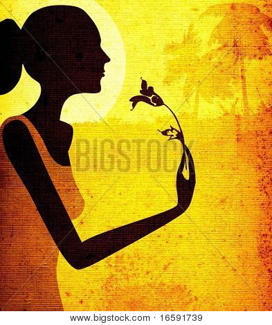 Grunge Design, Frau riechen eine Blume im Mondlicht