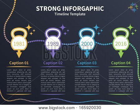 Vector infographic colorful template. Timeline concept with kettlebell stylized elements on the dark background.