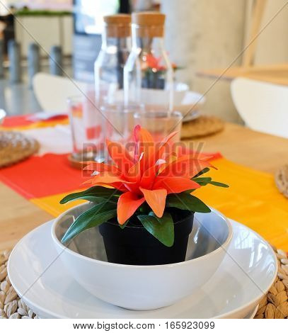 Beautiful Artificial Plant with Orange Blossom in Flowerpot for Home and Building Decoration.