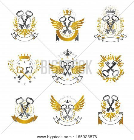 Old Turnkey Keys Emblems Set. Heraldic Vector Design Elements Collection. Retro Style Label, Heraldr