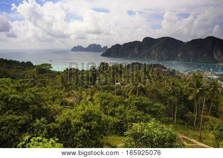 amazing beautiful landscape view of Koh Phi Phi island in Thailand Krabi province at viewpoint with jungle and sea horizon in South Asia travel destination and tourist holiday concept