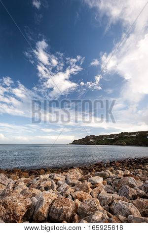 Stone beach onto the Irish sea near Malahide Ireland.