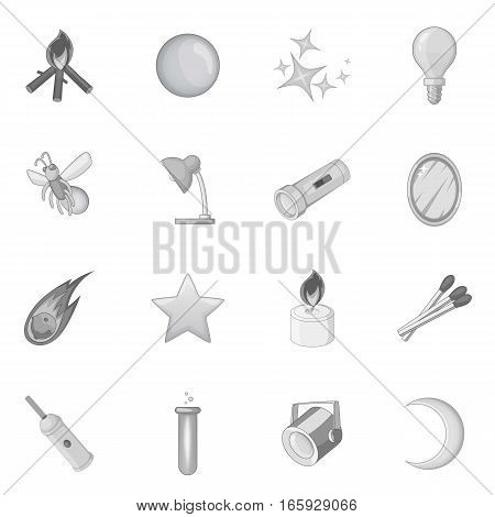 Sources of light icons set in monochrome style isolated on white background