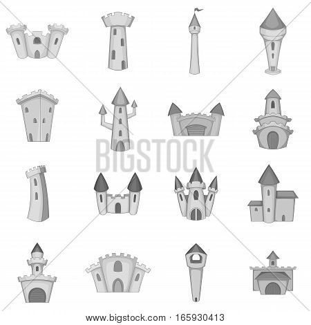 Castle tower icons set in monochrome style isolated on white background