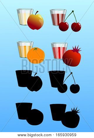 Vector set of fruit and glasses with juice isolated