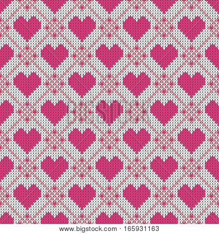 Seamless pattern on the theme of holiday Valentine's Day with an image of the Norwegian and fairisle patterns. Pink hearts on a white background. Wool knitted texture. Vector Illustration