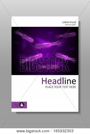 Medical scientific academic journal cover A4 design with bacteria in purple luminescence. Virus flagellum bacteria microbe germ background. Vector.