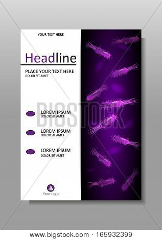 A4 Medical scientific academic journal cover design with bacteria in purple luminescence. Banner report magazine conference. Virus flagellum bacteria microbe germ background. Vector.