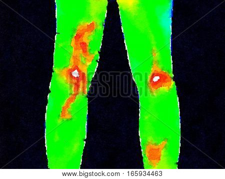 Thermographic image of the backs of legs showing different temperature in a range of colors from green showing cold to red showing hot which can indicate joint inflammation. Shows a varicose vein.