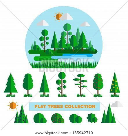 Forest elements set with trees bushes plants log and stump isolated vector illustration
