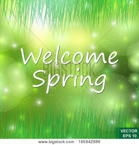 The Inscription On A Green Background Hello Spring. Abstraktnyy.teplo. Grass.