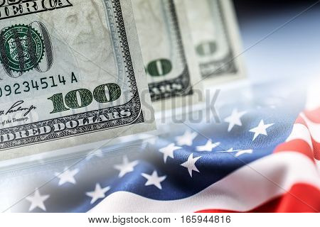 American Banking Concept. American Dollars and United States Of America Flag.