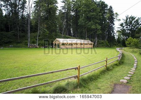 Shed storage on the fenced pasture. Europe. Latvia