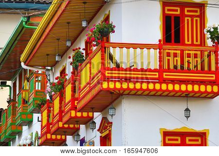September 21, 2016 Salento, Colombia: colourful colonial style balconies are decorating the buildings of the coffee producing town