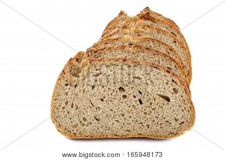 Loaf of sliced bread isolated on white background.