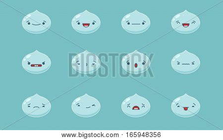 Set of vector kawaii water drop emoticons. Isolated on blue-green background.