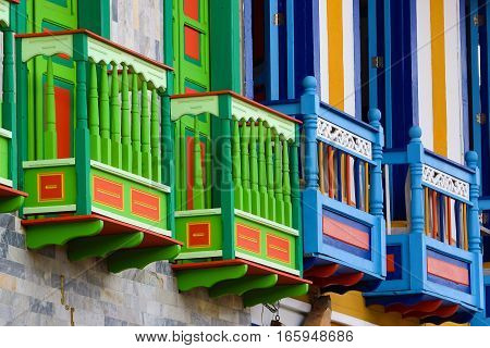 September 23, 2016 Filandia, Colombia: colonial style wooden balconies in the centre of the coffee producing small town