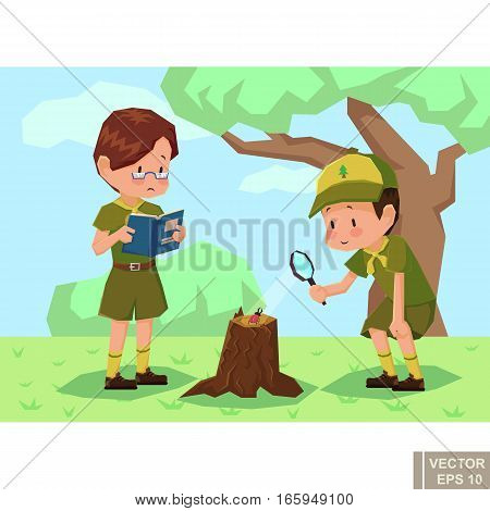 Children Scouts In Forest. Two Boyscout Vector Flat Cartoon Illustration