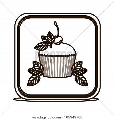 silhouette square button with cupcake and leaves vector illustration