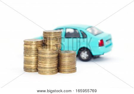 car on a white background with coins