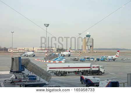 BUDAPEST HUNGARY - NOVEMBER 30 2016: Budapest Ferenc Liszt International Airport (BUD) with the control tower in the background in Budapest Hungary
