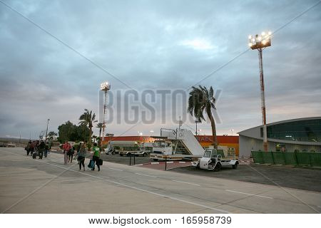 EILAT ISRAEL - NOVEMBER 30 2015: The Eilat Ovda airport in the Negev Desert at dusk near to Eilat city Israel
