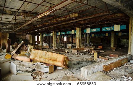 Chernobyl, Ukraine - April 24, 2015: Supermarket Shop At Chernobyl Exclusion Zone With Ruins Of Aban