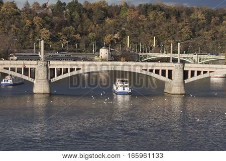 PRAGUE CZECH REPUBLIC - NOVEMBER 3 2012: View of Manesuv Bridge from the Charles Bridge