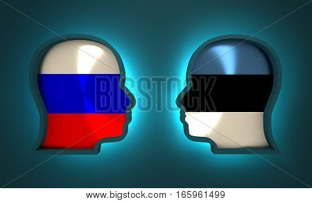 Image relative to politic and economic relationship between Russia and Estonia. National flags inside the heads of the businessmen. Teamwork concept. 3D rendering. Neon light