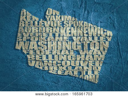 Word cloud map of Washington state. Cities list collage. Grunge texture
