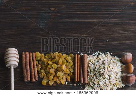 Ingredients for healthy breakfast - raisins and oat muesli