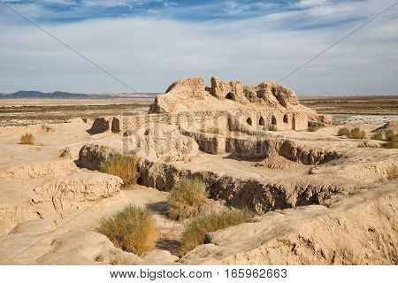 Ruins of the Fortress Toprak-Kala of Ancient Khorezm in Kyzylkum desert. Uzbekistan