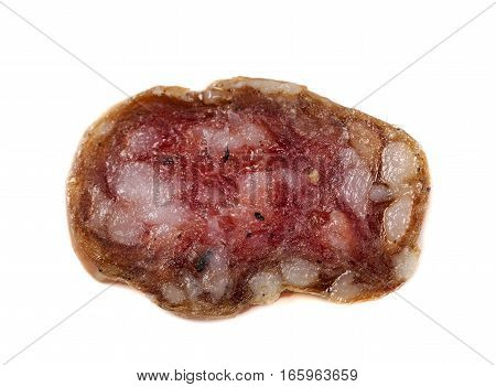 Fouette sausage sliced close up isolate on a white
