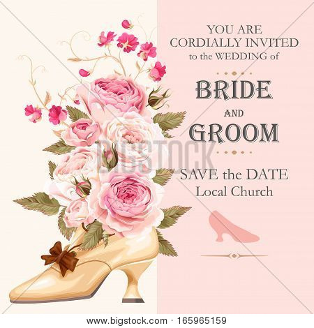 Vector wedding invitation with beautiful english roses and vintage shoe