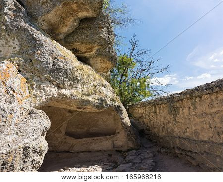 Carved into the rock of the crypt of the monastery of cave city-fortress Chufut-Kale